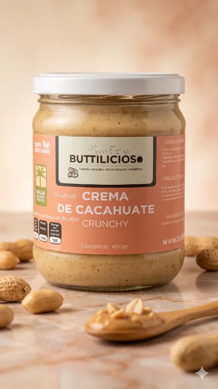 Crema de Cacahuate Crunchy Buttilicioso con trocitos de cacahuate, frasco